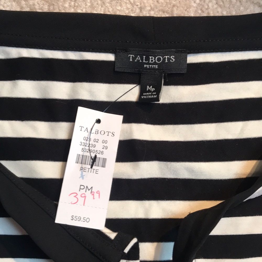 NWT Talbots black & cream striped petite tee with ribbon tie. Sz MP